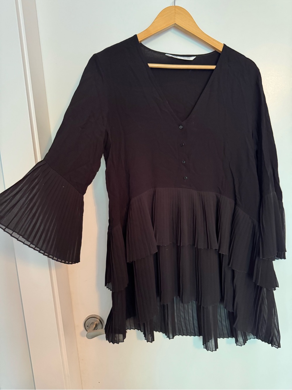 Zara Black Pleated Tiered Tunic Blouse Size M